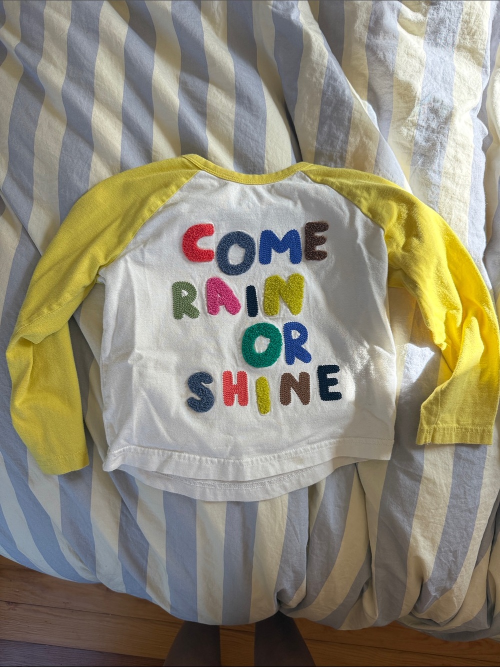 Kids Boden Ling Sleeve Tee with Colorful 'Come Rain or Shine' Letters
